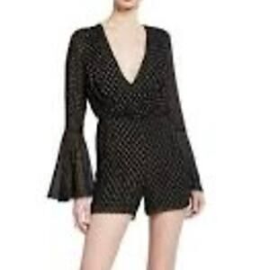 New Jay Godfrey Black Gold Metallic‎ Polka Dot Romper Long Bell Sleeve Sz 6